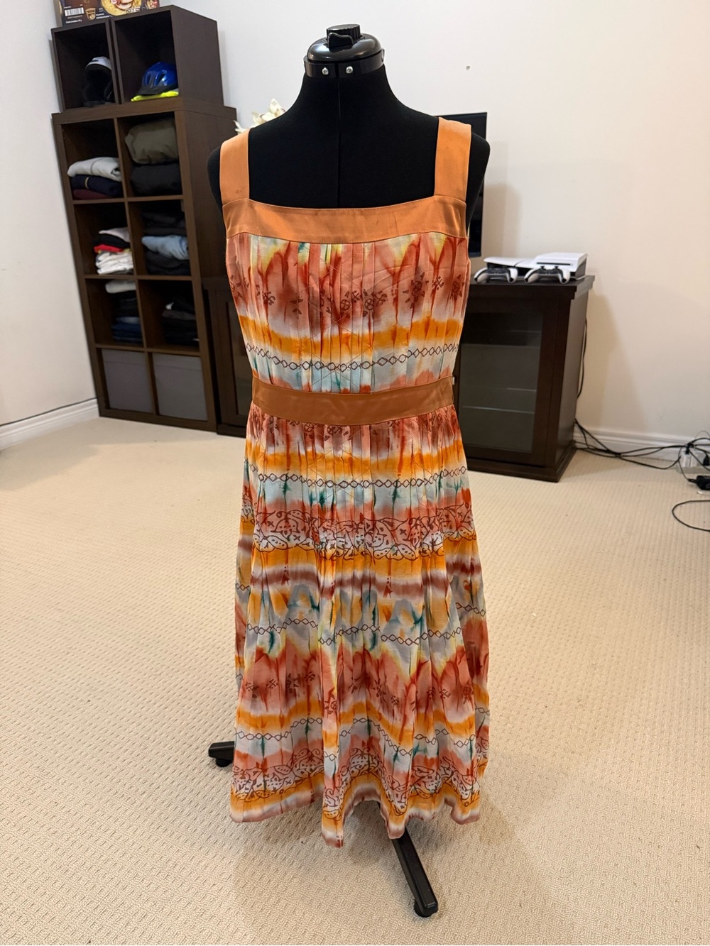 Marie Claire Korea Watercolor Print Pleated A-Line Dress Satin Trim Large
